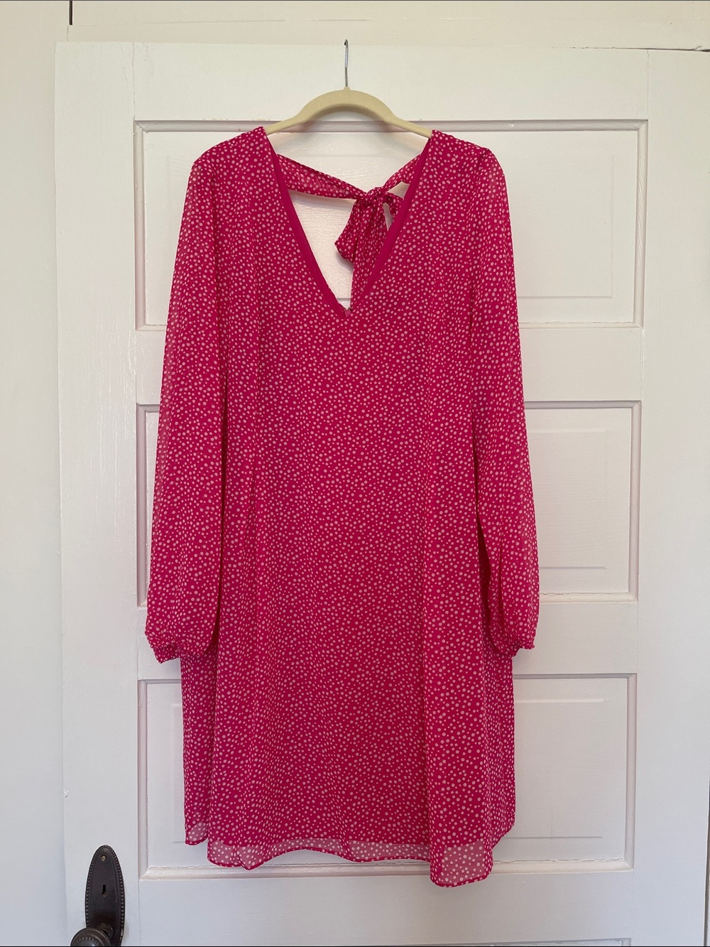 INC International Concepts Hot Pink Polka Dot Long Sleeve Tie-Back Dress